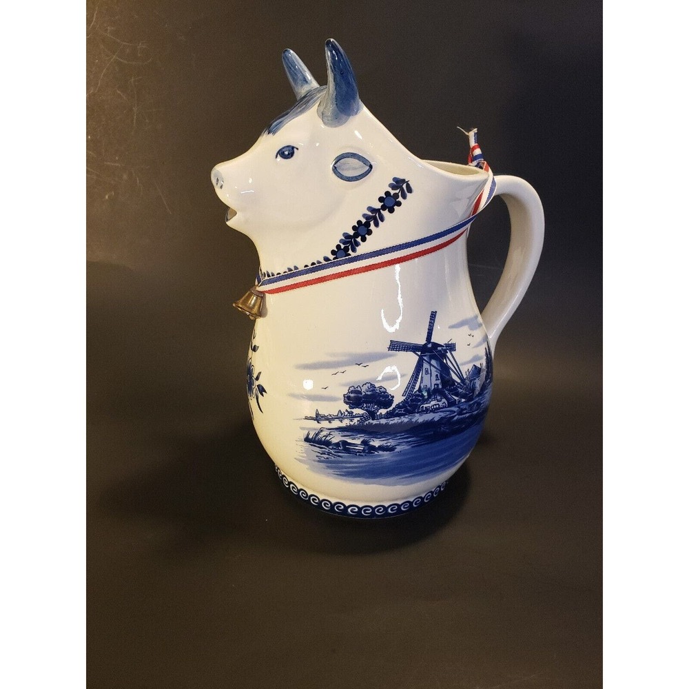 Holland Delft Blue Large 10" Bull Pitcher Windmill Water Milk Handpainted Cow